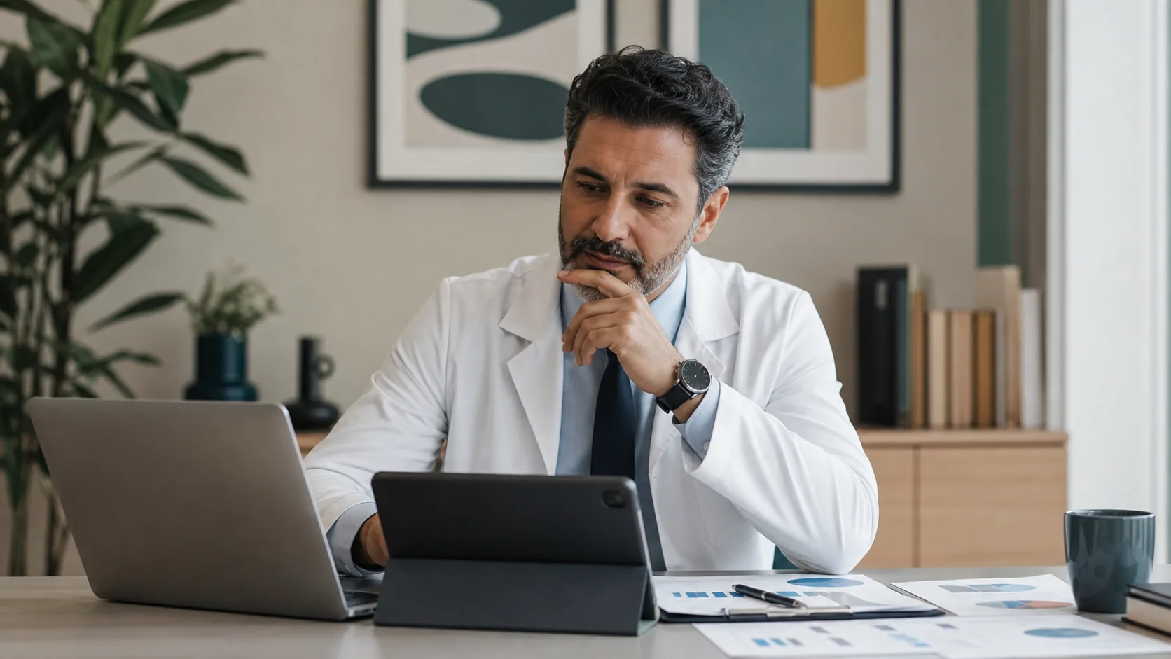 Dijital pazarlama stratejisini bilgisayar ve tablet üzerinden inceleyen doktor