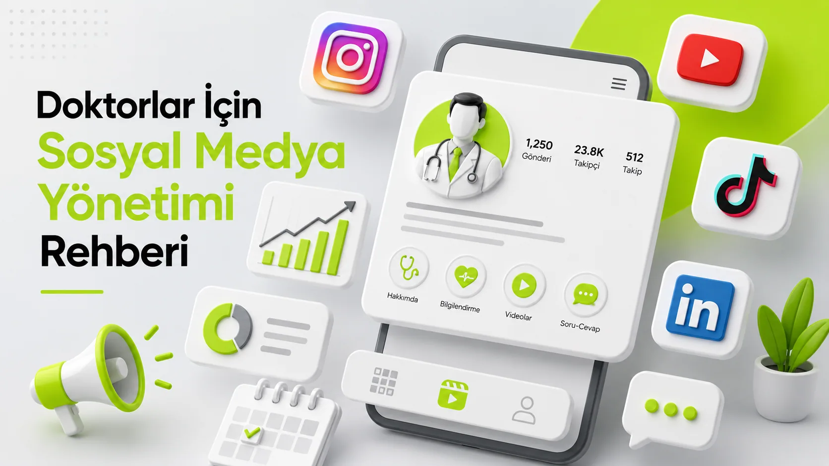 Doktorlar için sosyal medya yönetimini Instagram, YouTube, TikTok ve LinkedIn platformlarıyla gösteren 3D görsel