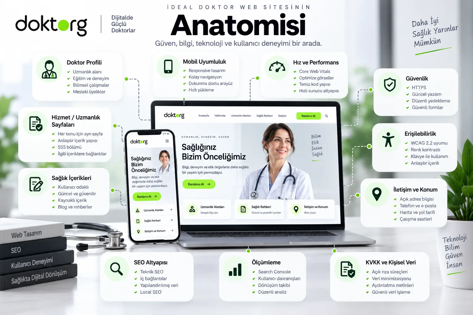İdeal doktor web sitesinde bulunması gereken profil, hizmet, içerik, mobil uyumluluk, SEO, hız, güvenlik, erişilebilirlik ve KVKK bileşenleri